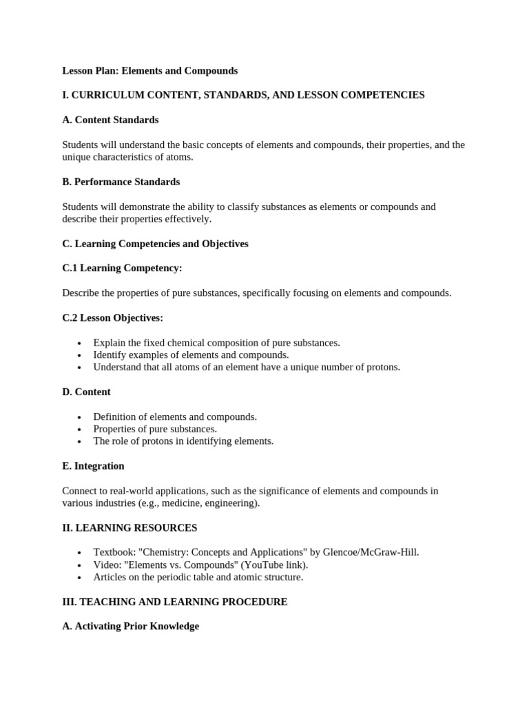 Lesson Plan in Enhanced Science Quarter 2 - Elements and Compounds ...