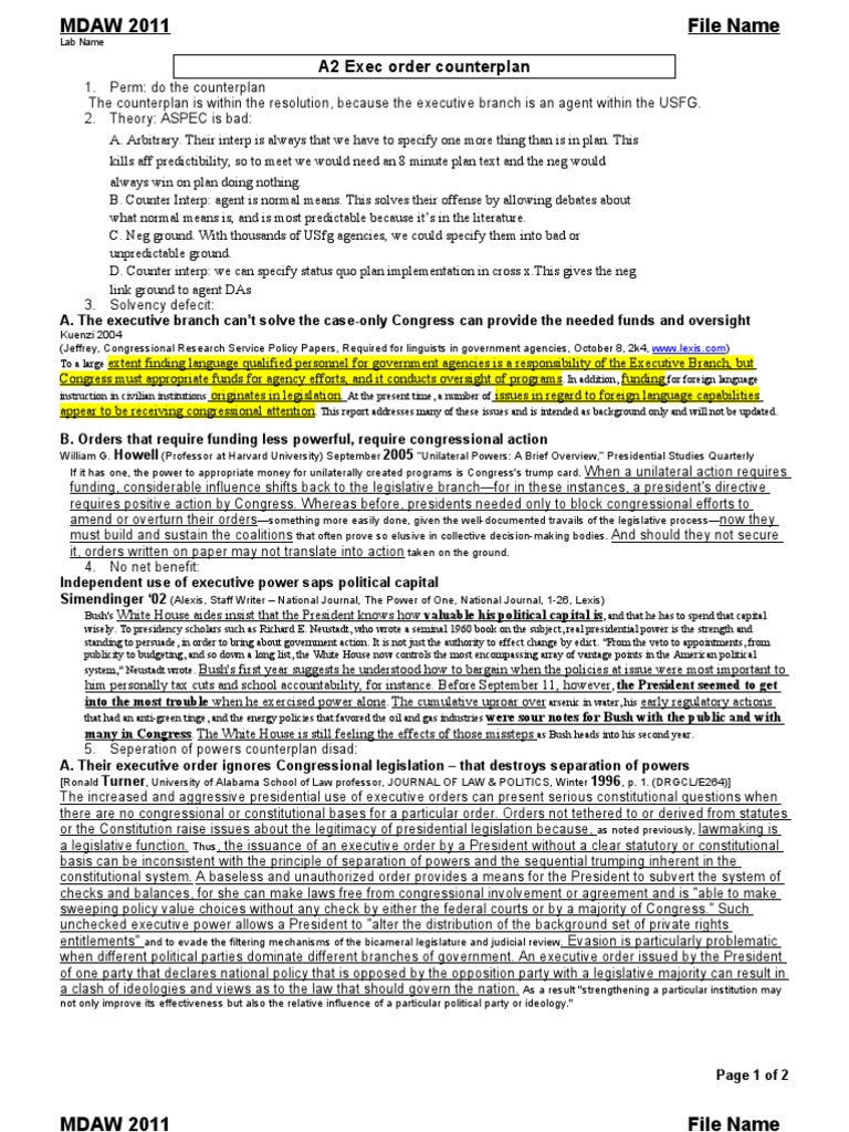 Executive Orders and Separation of Powers Analyzing the Constitutional