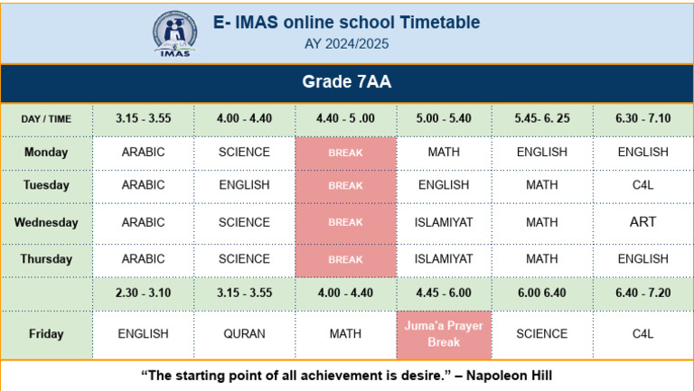 7AA School Timetable | PDF