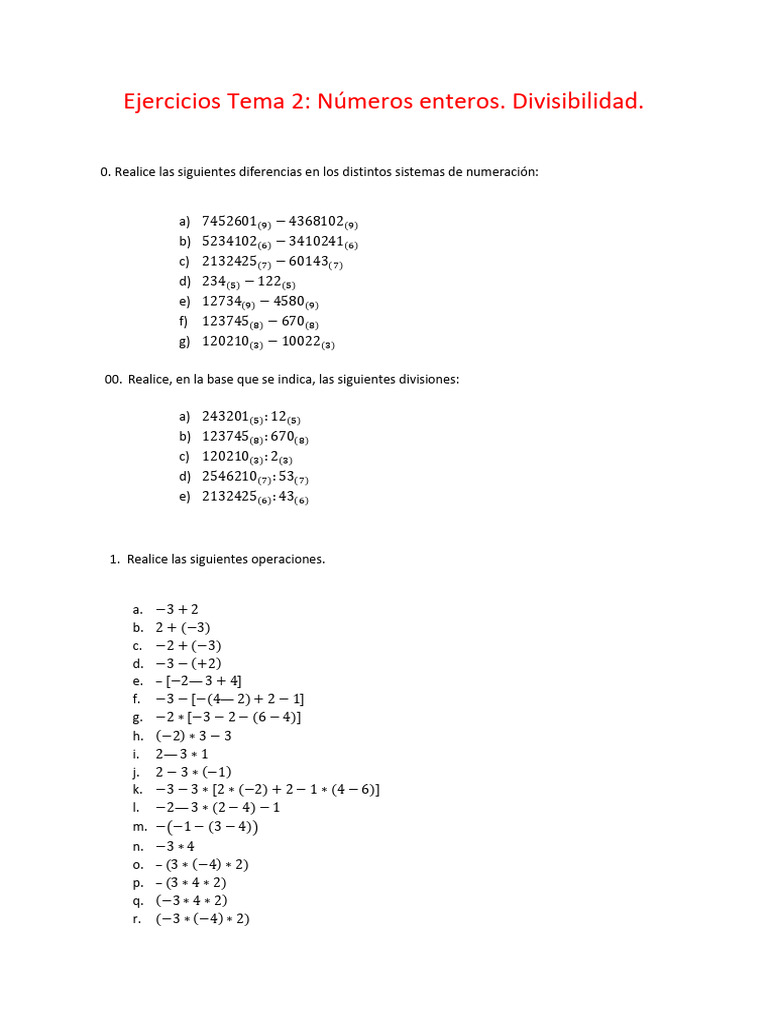 Ejercicios de Divisibilidad y Números Enteros | PDF | Aritmética ...