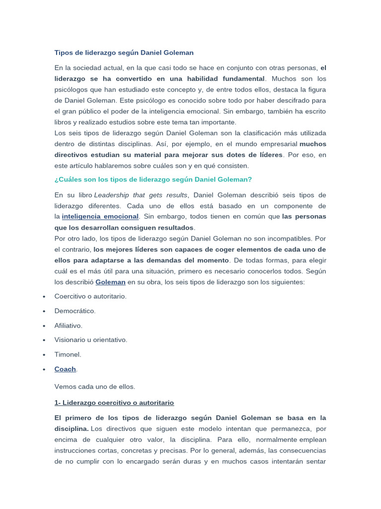 Tipos de liderazgo según Goleman | PDF | Liderazgo | Democracia