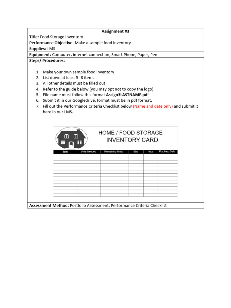 Food Storage Inventory Assignment Guide | PDF