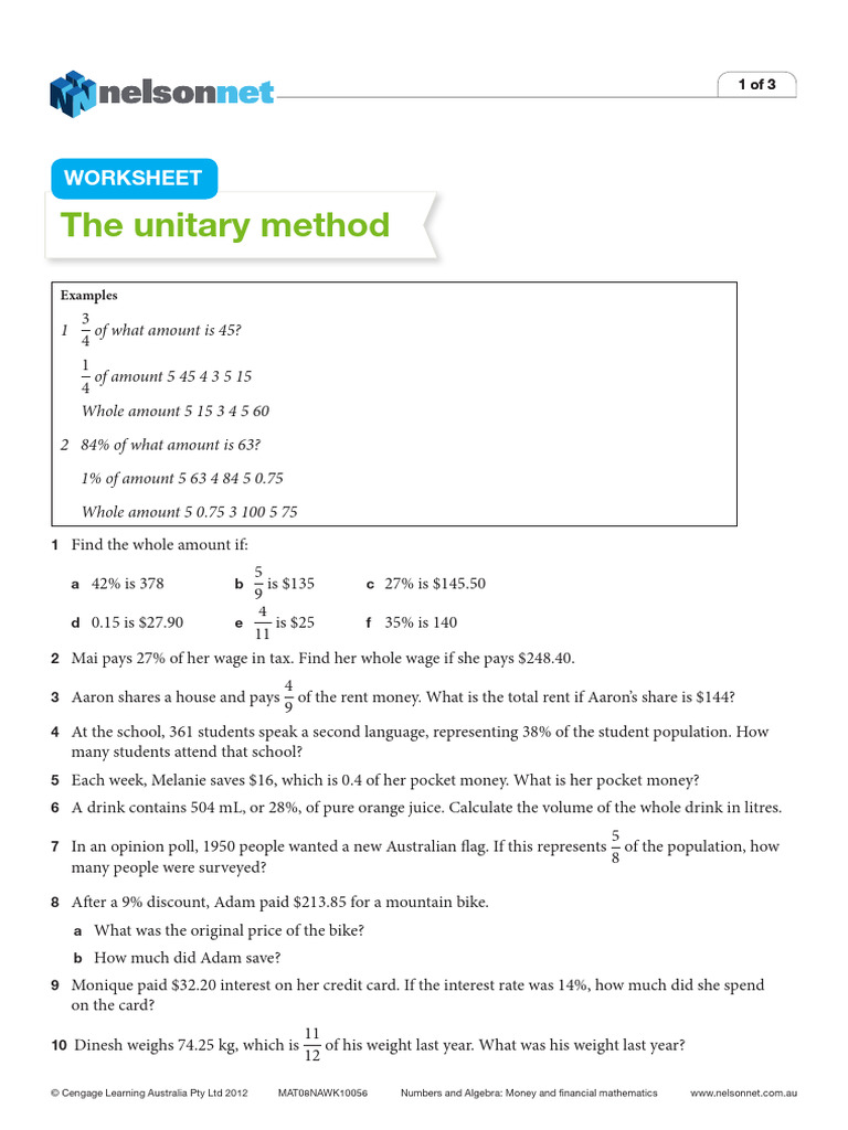 Unitary Method Worksheet and Examples | PDF | Interest | Prices