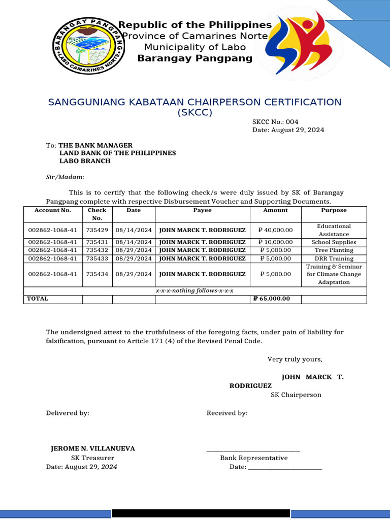SK Chairperson Certification for Funds | PDF