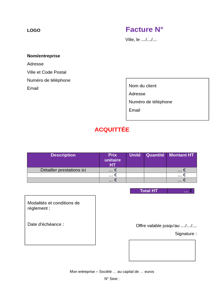 Modele Facture Acquittee Violet | PDF