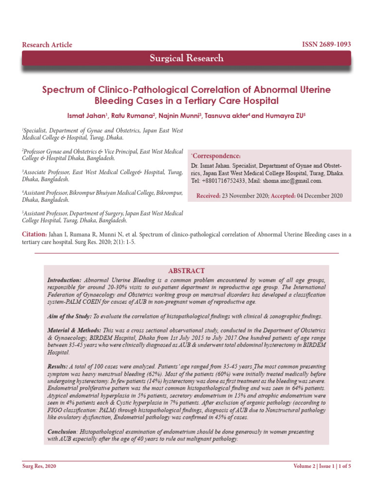Spectrum of Clinico-Pathological Correlation of Abnormal Uterine ...