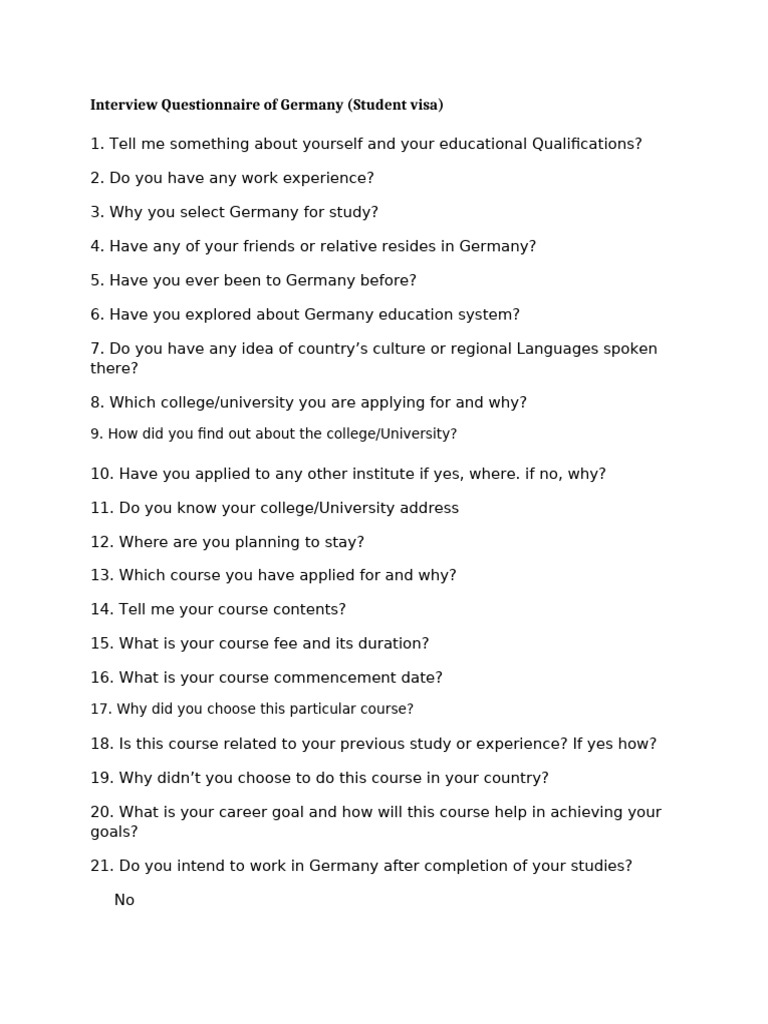 Interview Questionnaire of Germany | PDF