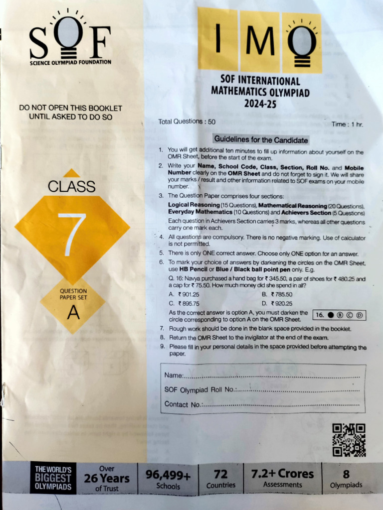 Cl-7 Imo 2024-25 - Set A - Level 1 | PDF