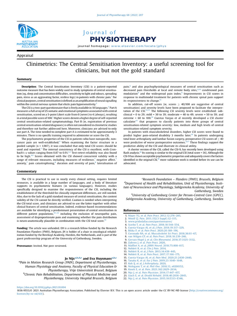 Clinimetrics The Central Sensitisation Inventory A Useful 2022 Journal ...