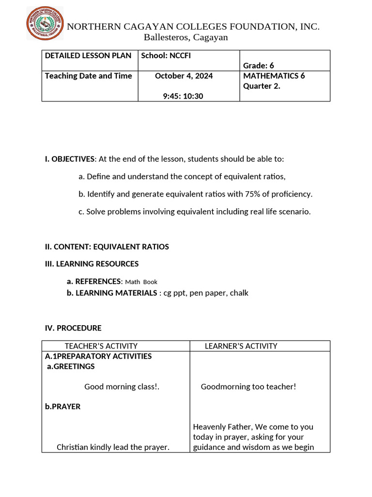 DETAILED LESSON PLAN IN MATH 6 (1) | PDF | Ratio | Learning