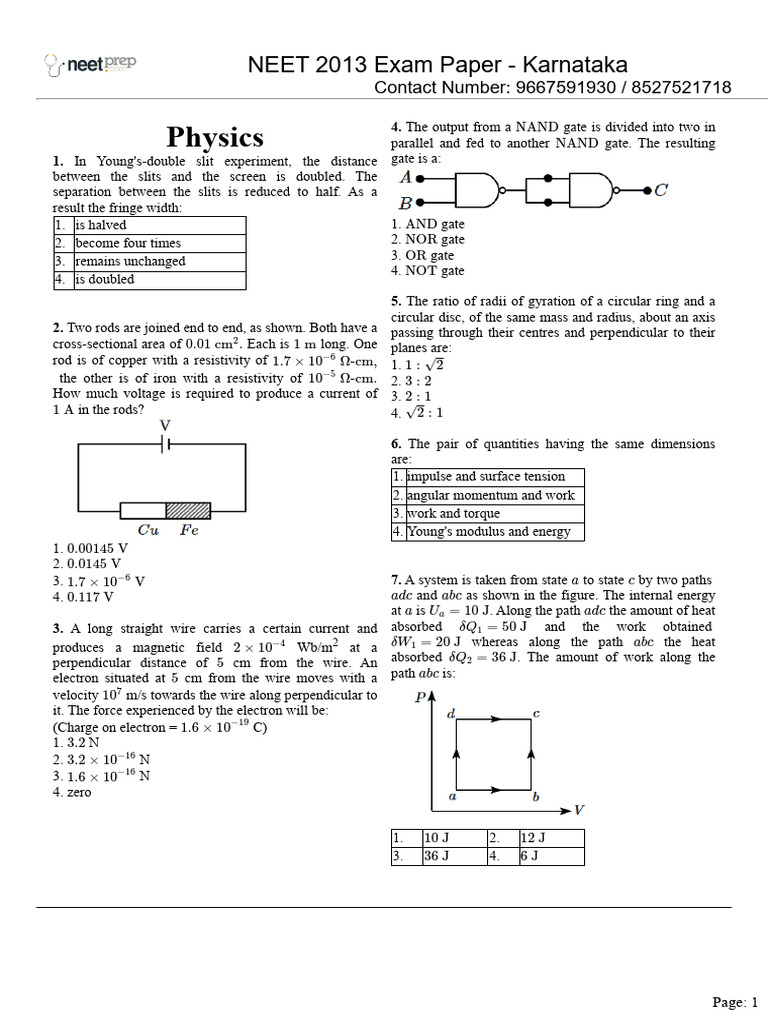 NEET 2013 Physics Question Paper | PDF | Wavelength | Force