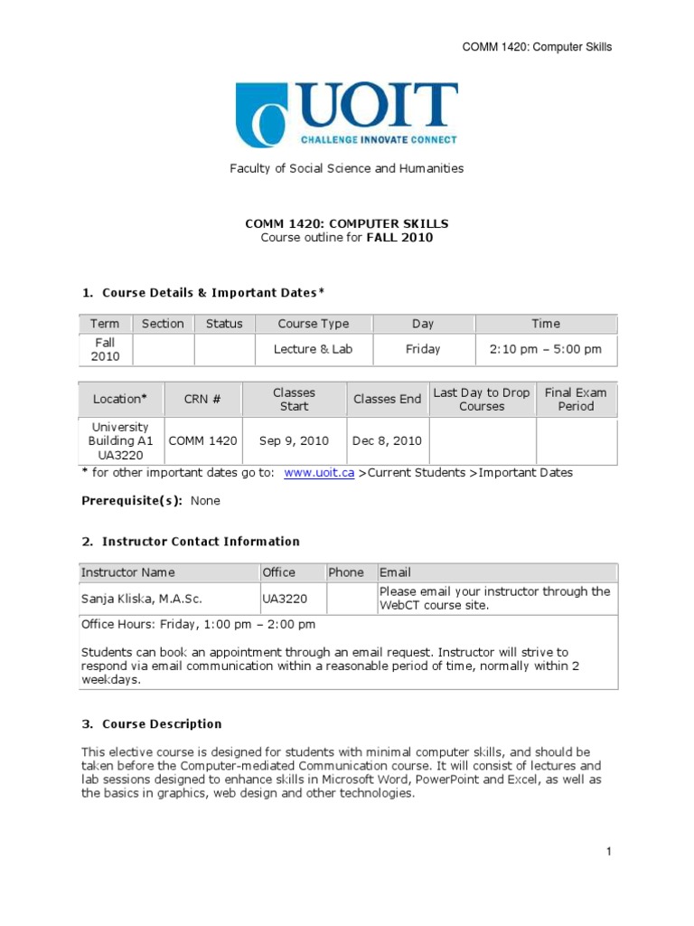 COMM 1420 Computer Skills - Course Outline | PDF | Plagiarism | Internet