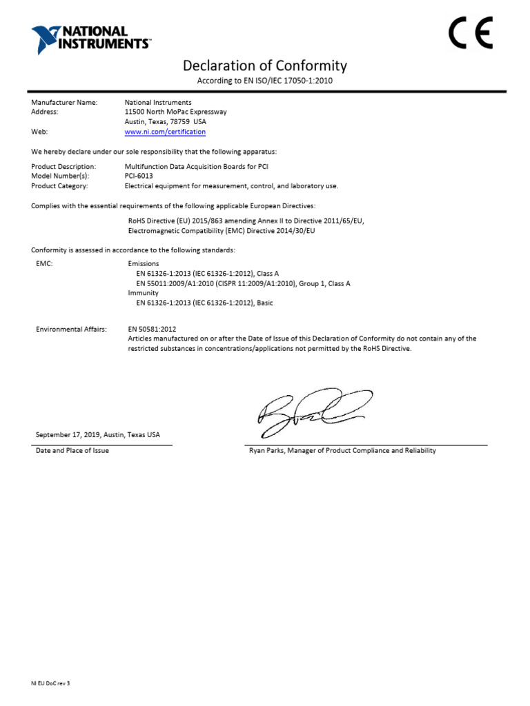 NI PCI-6013 Compliance Declaration | PDF