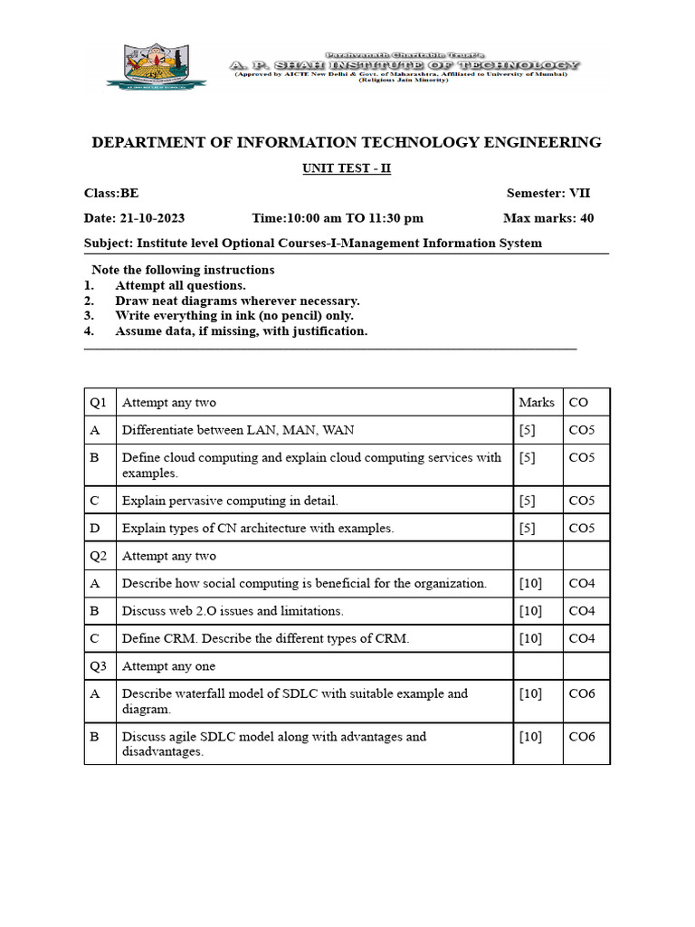 BE IT Engineering Unit Test II Guide | PDF
