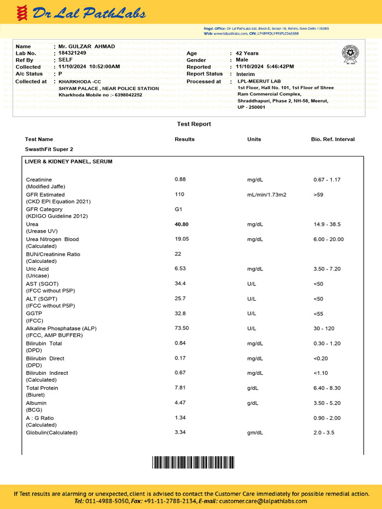 Gulzar Ahmad's Lab Test Report | PDF | Kidney | Medical Specialties