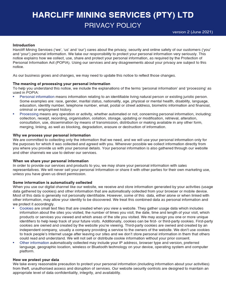 Harcliff Website Privacy Policy | PDF | Http Cookie | Websites
