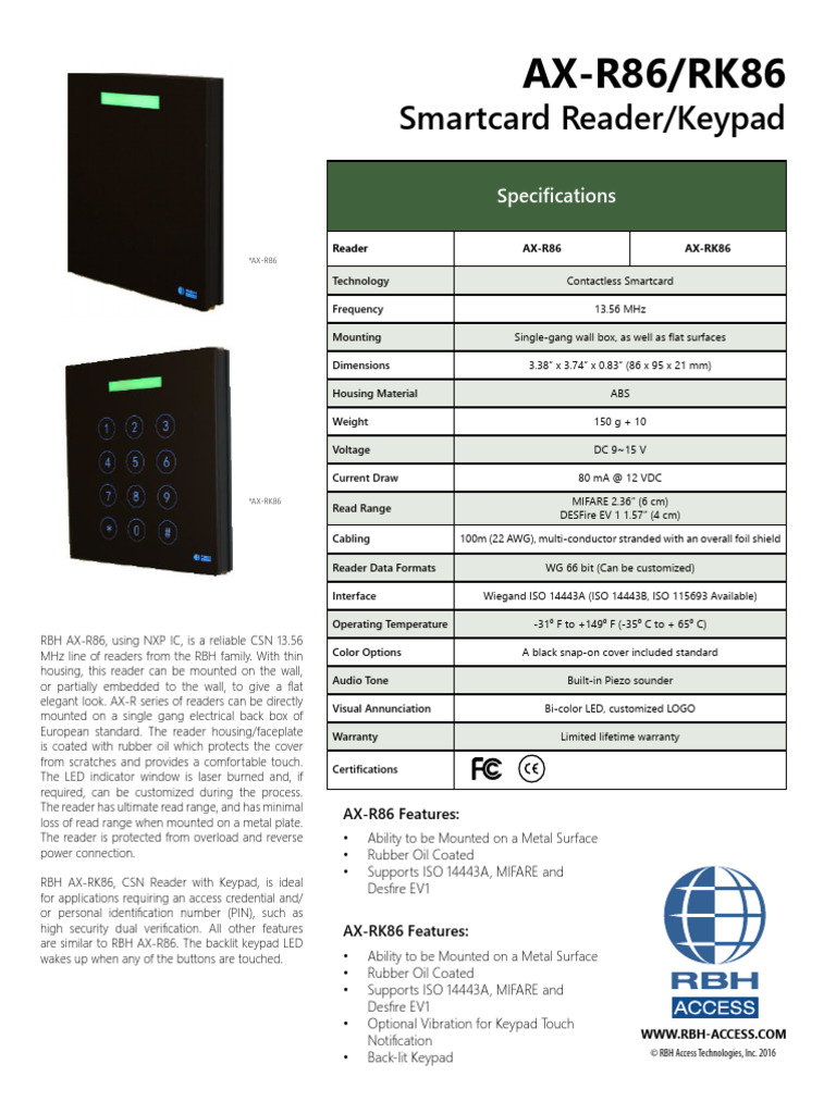 AX-R86/RK86: Smartcard Reader/Keypad | PDF | Smart Card | Electrical ...
