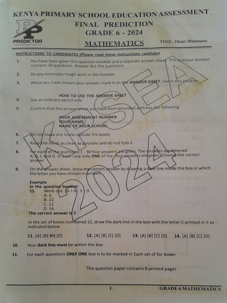Grade 6 Mathematics Predictor Exam 2024 | PDF