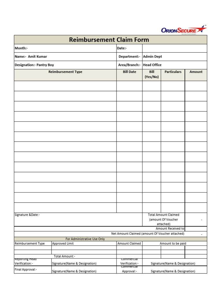 Reimbursement Claim Form Template | PDF