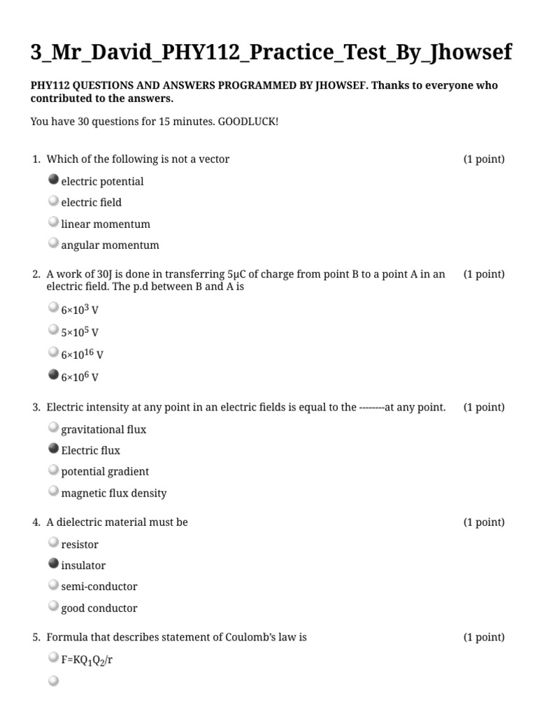 3 MR David PHY112 Practice Test by Jhowsef PDF | PDF | Electric Field ...