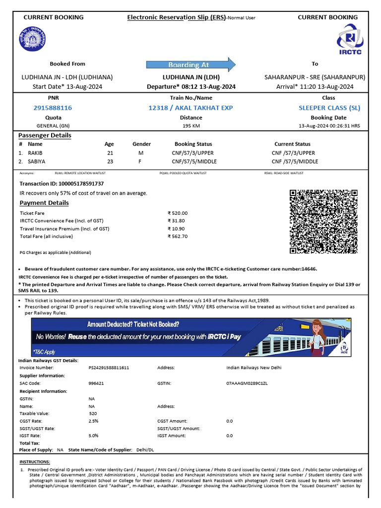 Rakib Ticket Ludhiyana To Sre | PDF | Identity Document | Payments