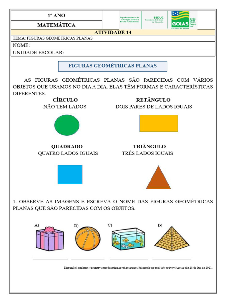 Atividade 14 1o Ano Matematica Tema Figuras Geometricas Planas Pdf