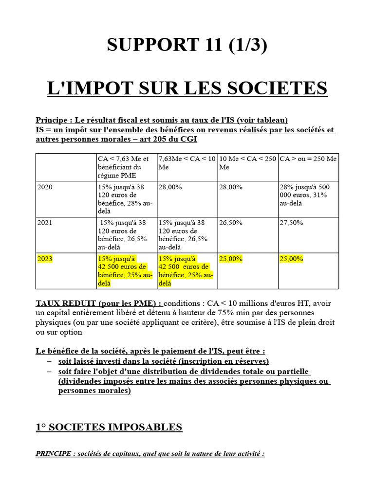 Impôt sur les sociétés : principes et taux | PDF | Économie financière ...
