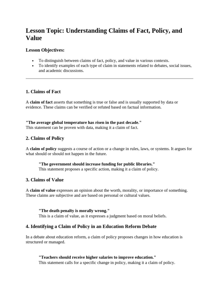 Understanding Claims of Fact Policy and Value | PDF | Policy ...