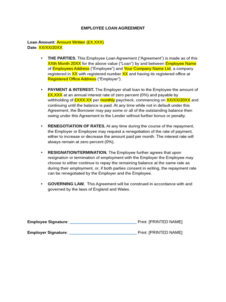 Employee Interest Free Loan Agreement Template | PDF