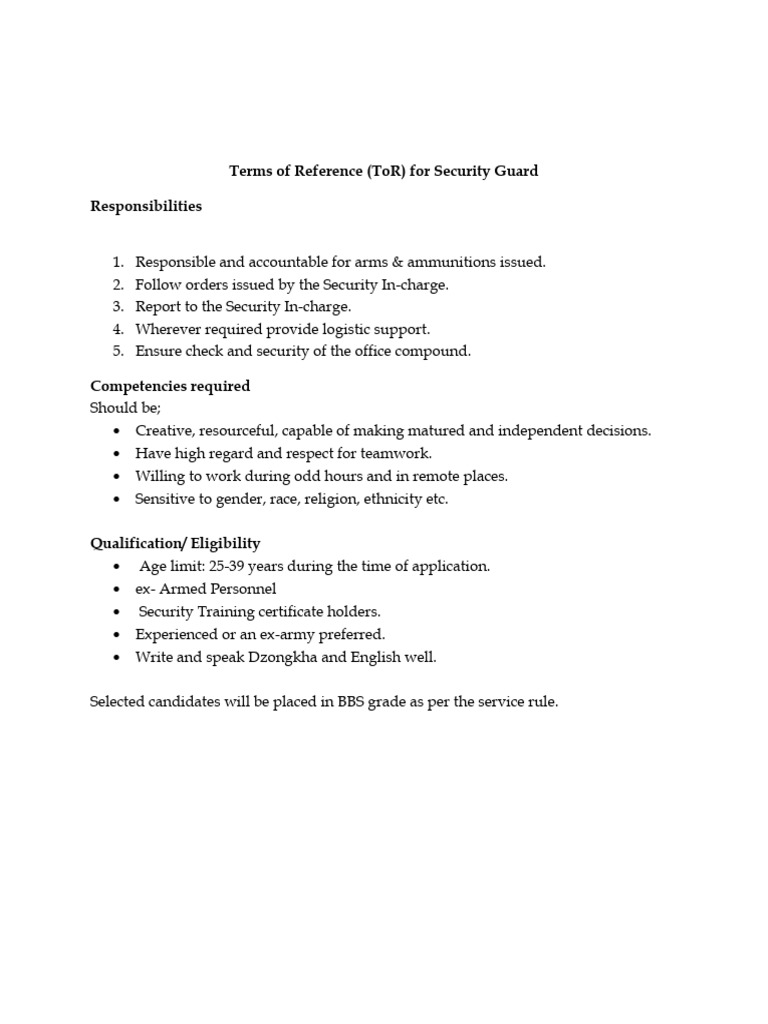 Security Guard ToR and Requirements | PDF