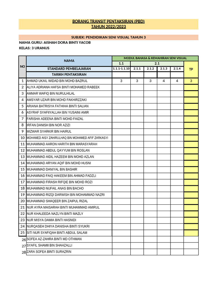 REKOD TRANSIT PSV THN 3A (Modul Bahasa & Kemahiran Seni) 3 URANUS | PDF