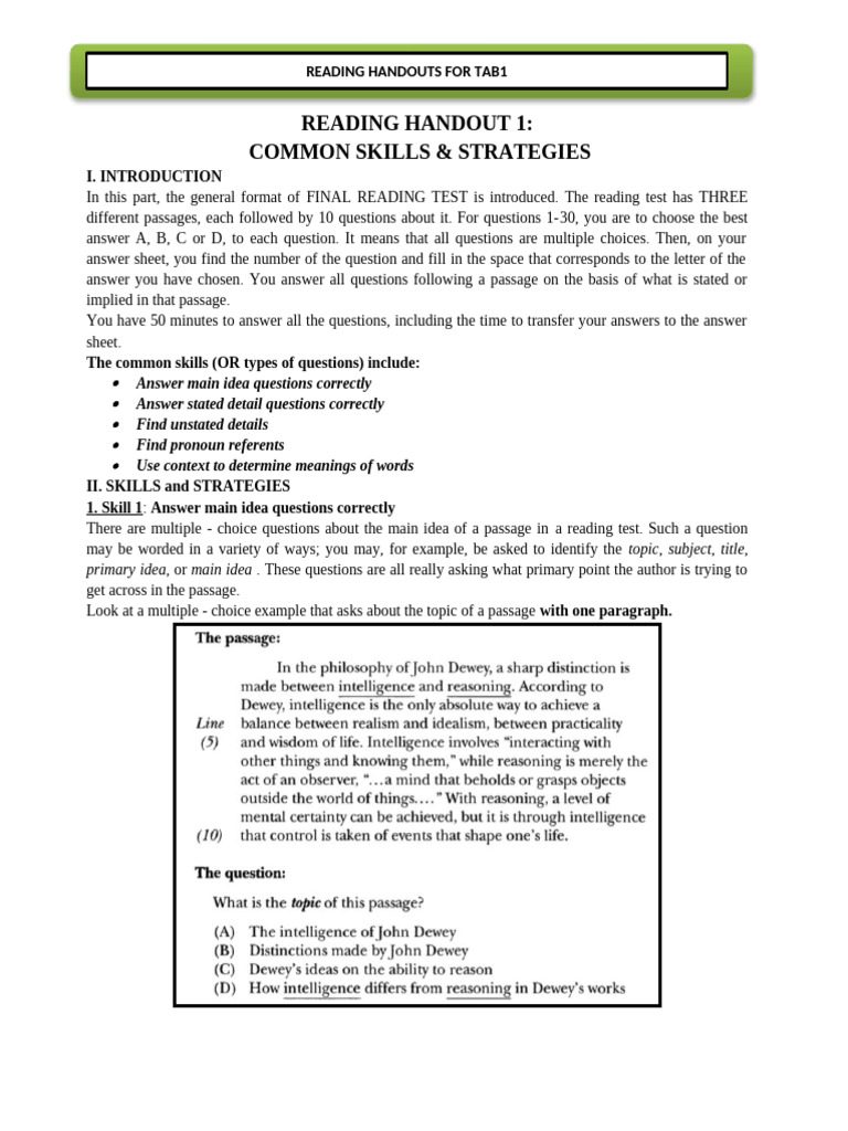 Reading Test Skills and Strategies Guide | PDF | Multiple Choice