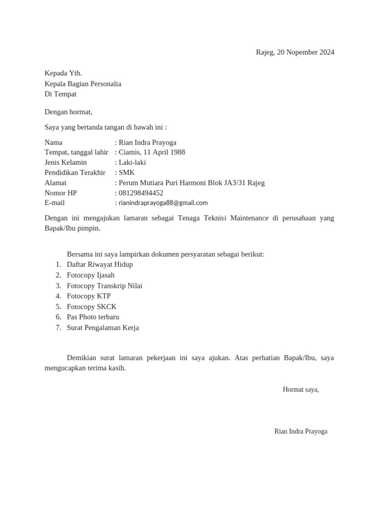 Lamaran Tenaga Teknisi di PT Enjer | PDF