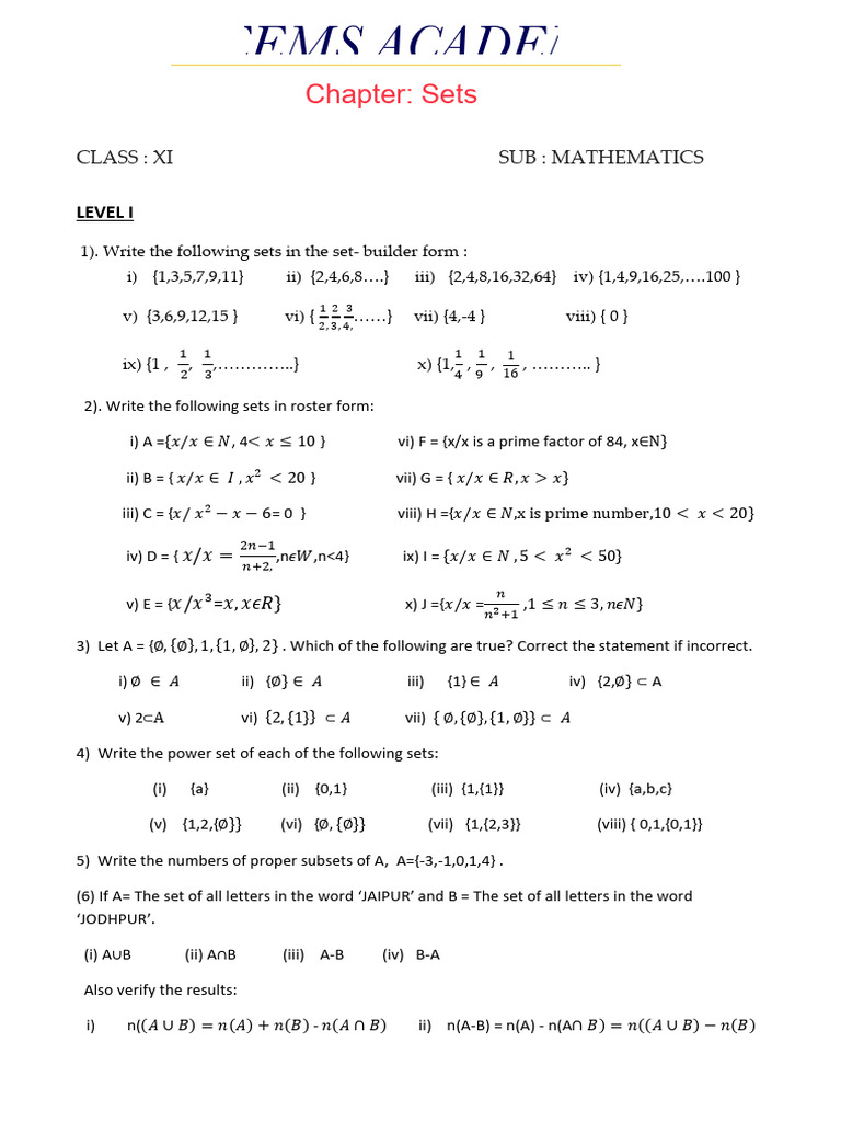 Sets Worksheet for Class XI Mathematics | PDF