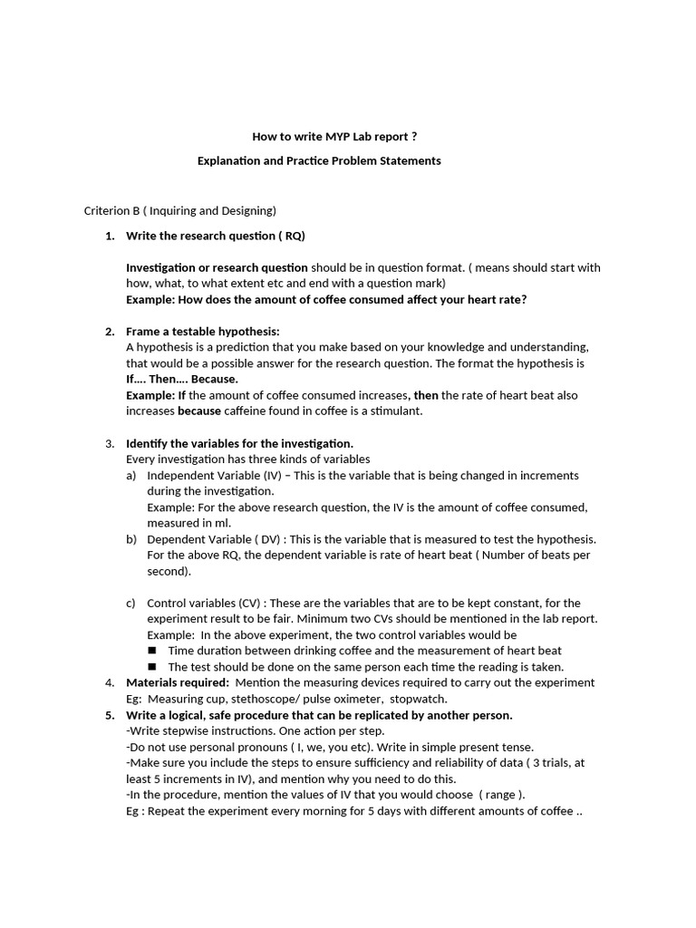 How to write MYP Lab report with answers Sample PDF Experiment
