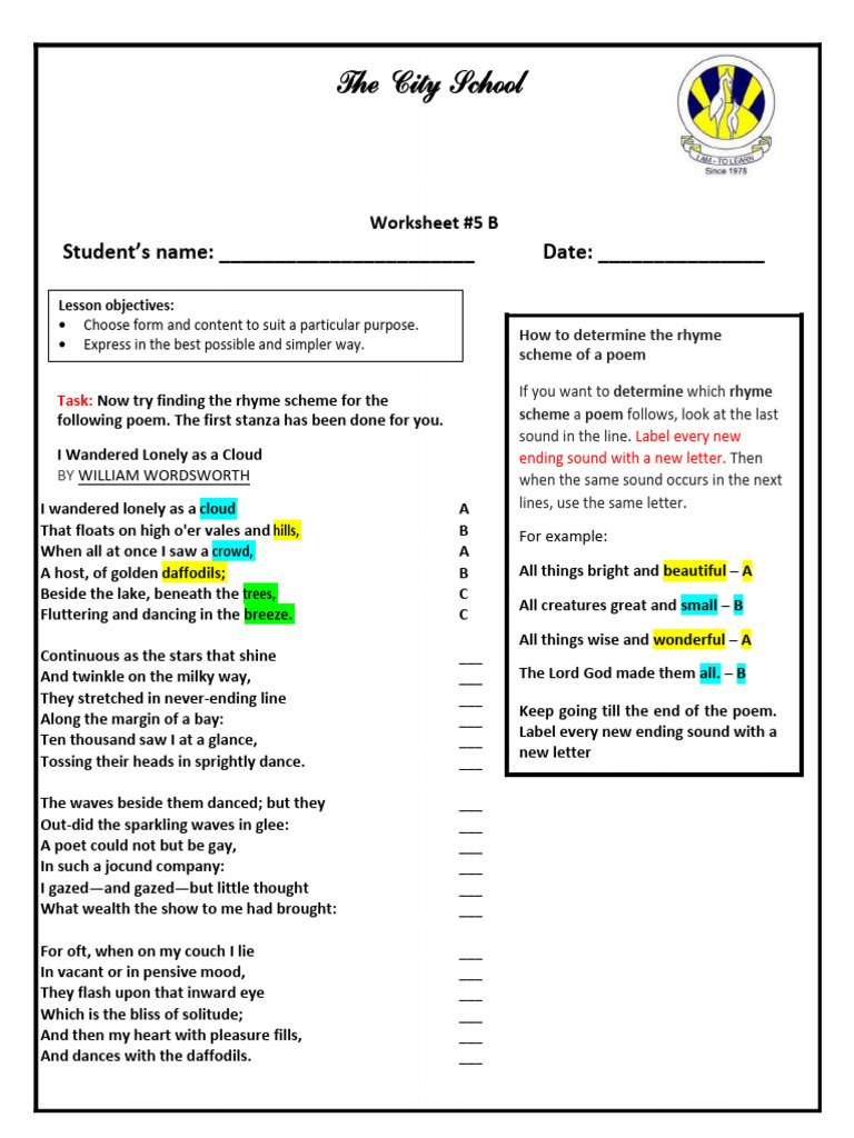 Grade 6 Poetry Rhyme Scheme Worksheet | PDF | Poetry