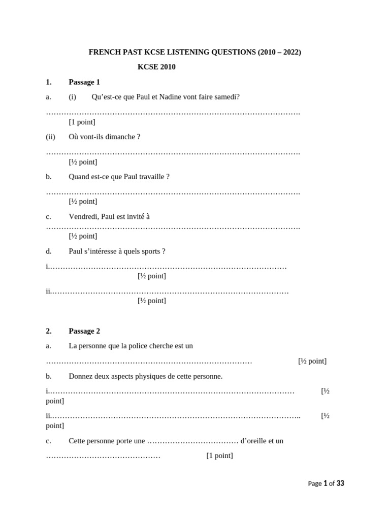French Past Kcse Listening Questions (2010 - 2022) | PDF