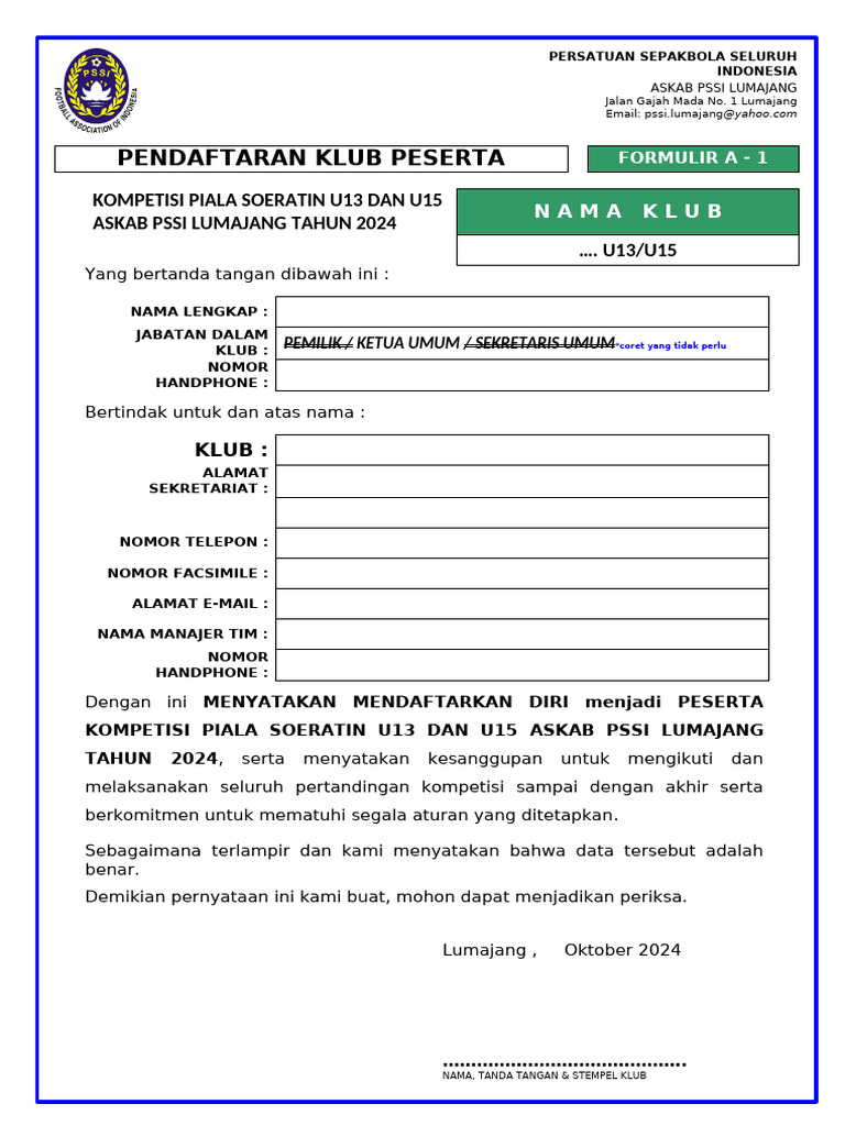 Pendaftaran Klub Piala Soeratin U13/U15 | PDF
