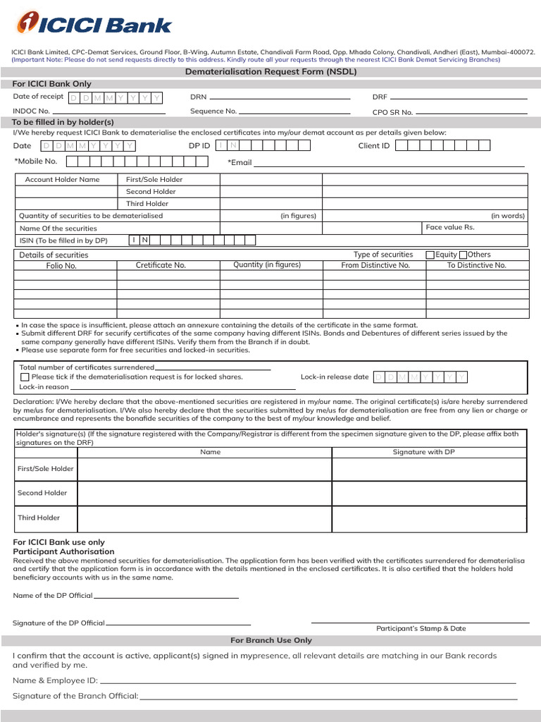 ICICI Bank Dematerialisation Request Form | PDF | Securities (Finance)
