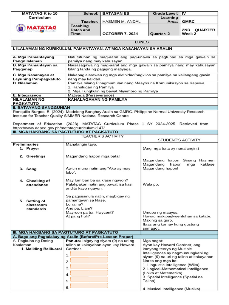 GMRC Day 2 Lesson Plan Week 2 Quarter 2 | PDF