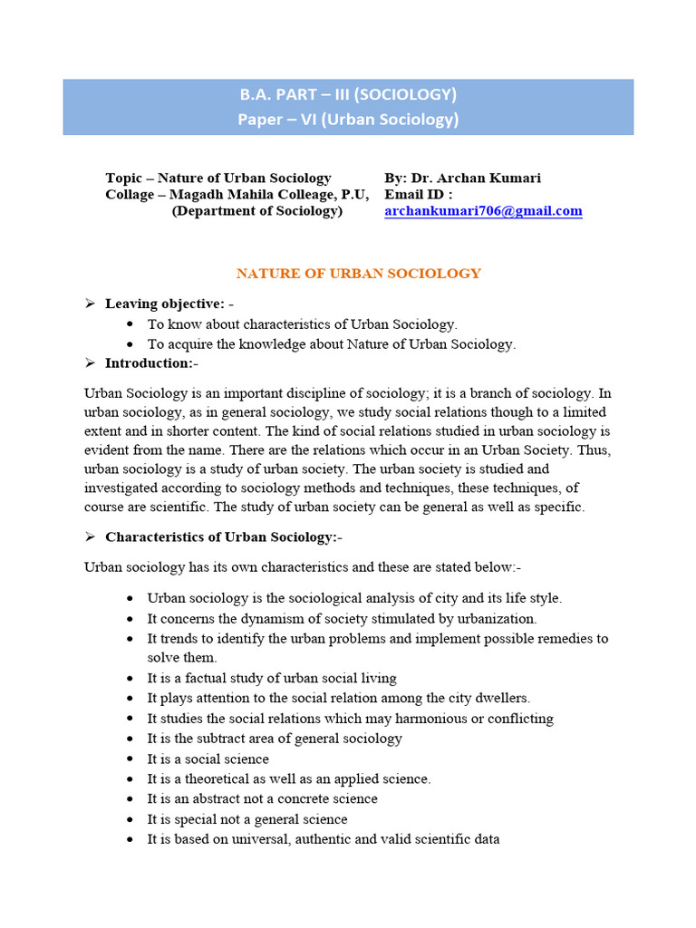 Nature and Scope of Urban Sociology | PDF | Science | Sociology