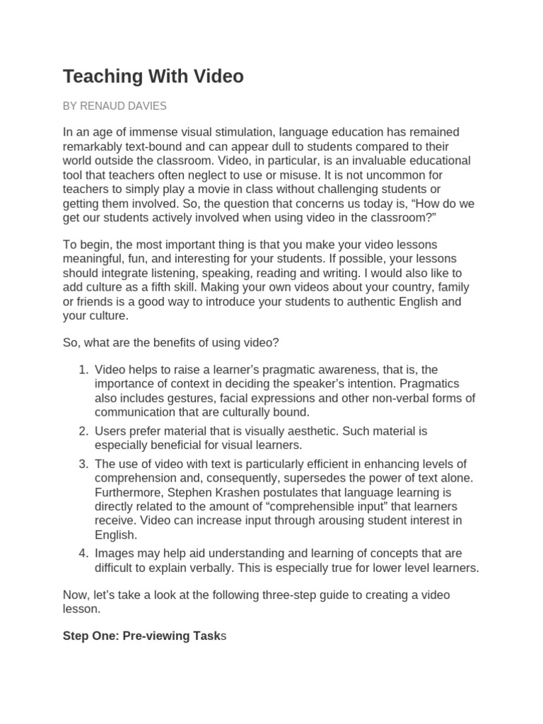 Teaching With Video Pdf Language Education Learning