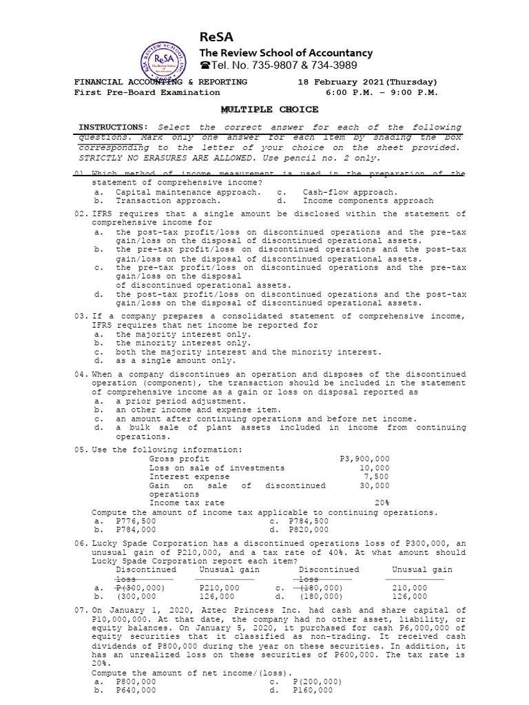 Far b41 First Pre Board Exams Questions Answers Solutions Compress ...