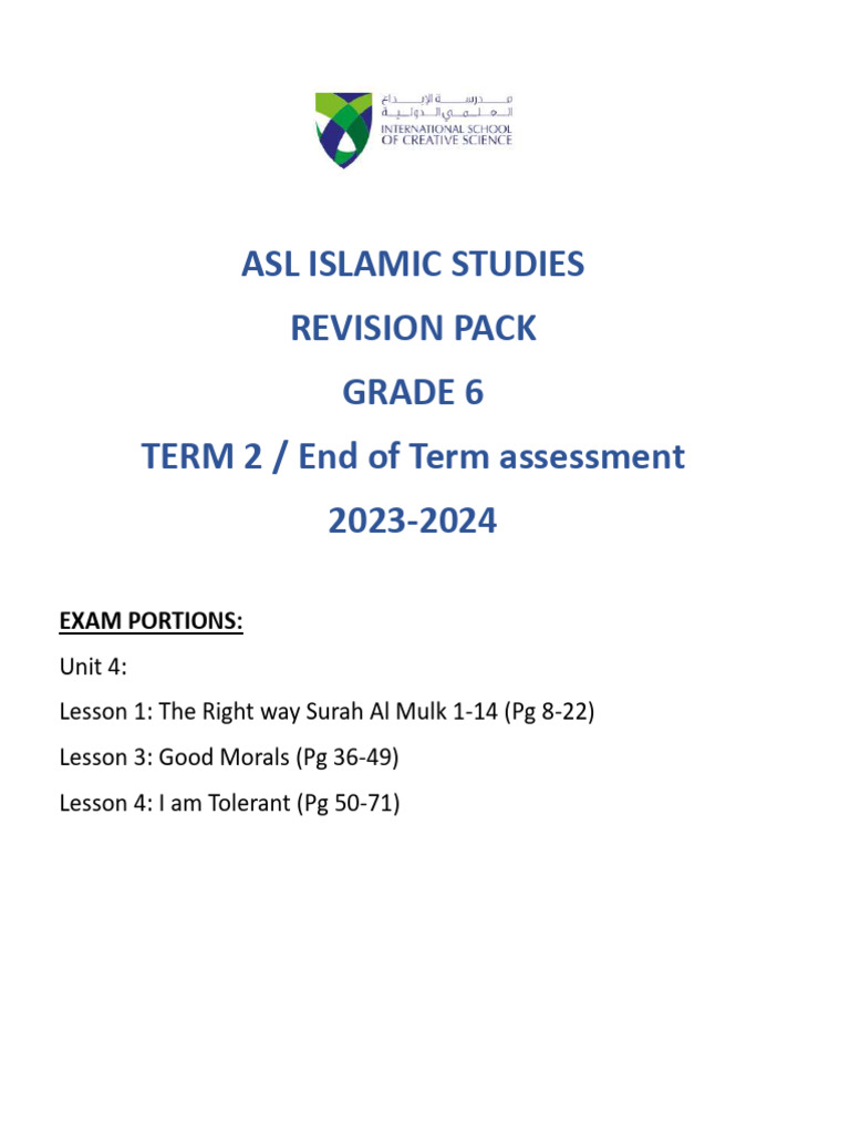 Grade 6 Islamic Studies Revision 2023-24 | PDF | Muhammad | Patience
