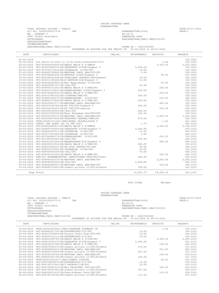 IOB Savings Account Statement 2024 | PDF | Financial Technology ...