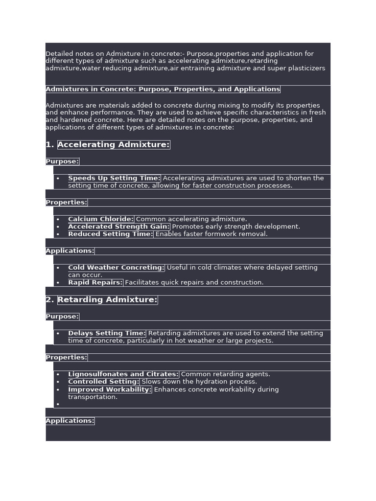 Types and Uses of Concrete Admixtures | PDF | Concrete | Applied And ...