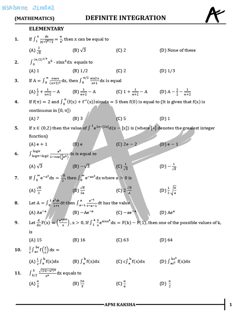 Sheet - 01 - Definite Integration NJ - 247 | PDF | Function ...