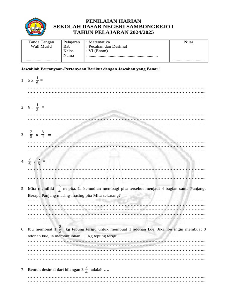 Soal Penilaian Harian Kelas 6 Matematika Pecahan Dan Desimal | PDF