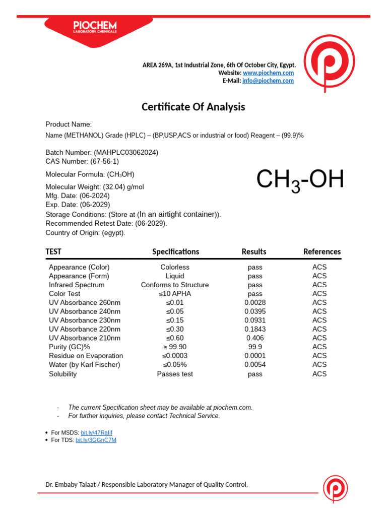 Methanol HPLC Mahplc03062024 | PDF