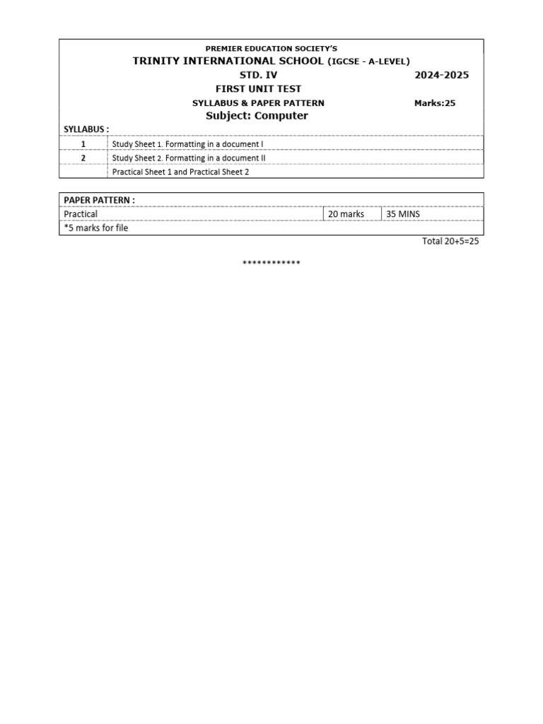 4th Standard Computer Unit Test Syllabus | PDF